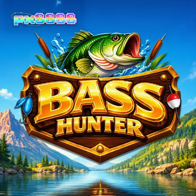 Tampilan layar permainan slot Bass Hunter dengan latar belakang danau yang tenang